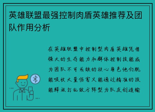 英雄联盟最强控制肉盾英雄推荐及团队作用分析